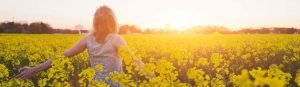 lady in a field of golden flowers looking at the sun